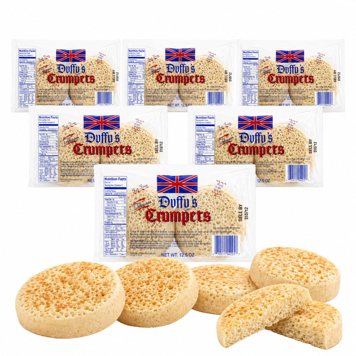 Duffy's Crumpets on a plate; soft and airy, ideal for toasting to golden perfection.