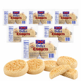 Duffy's Crumpets on a plate; soft and airy, ideal for toasting to golden perfection.