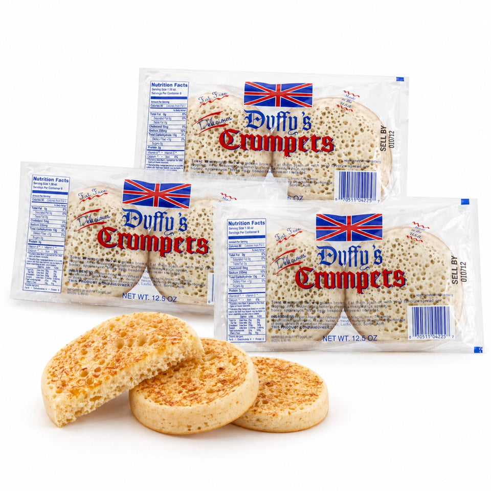 Duffy's crumpets with soft, airy texture, ideal for toasting.
