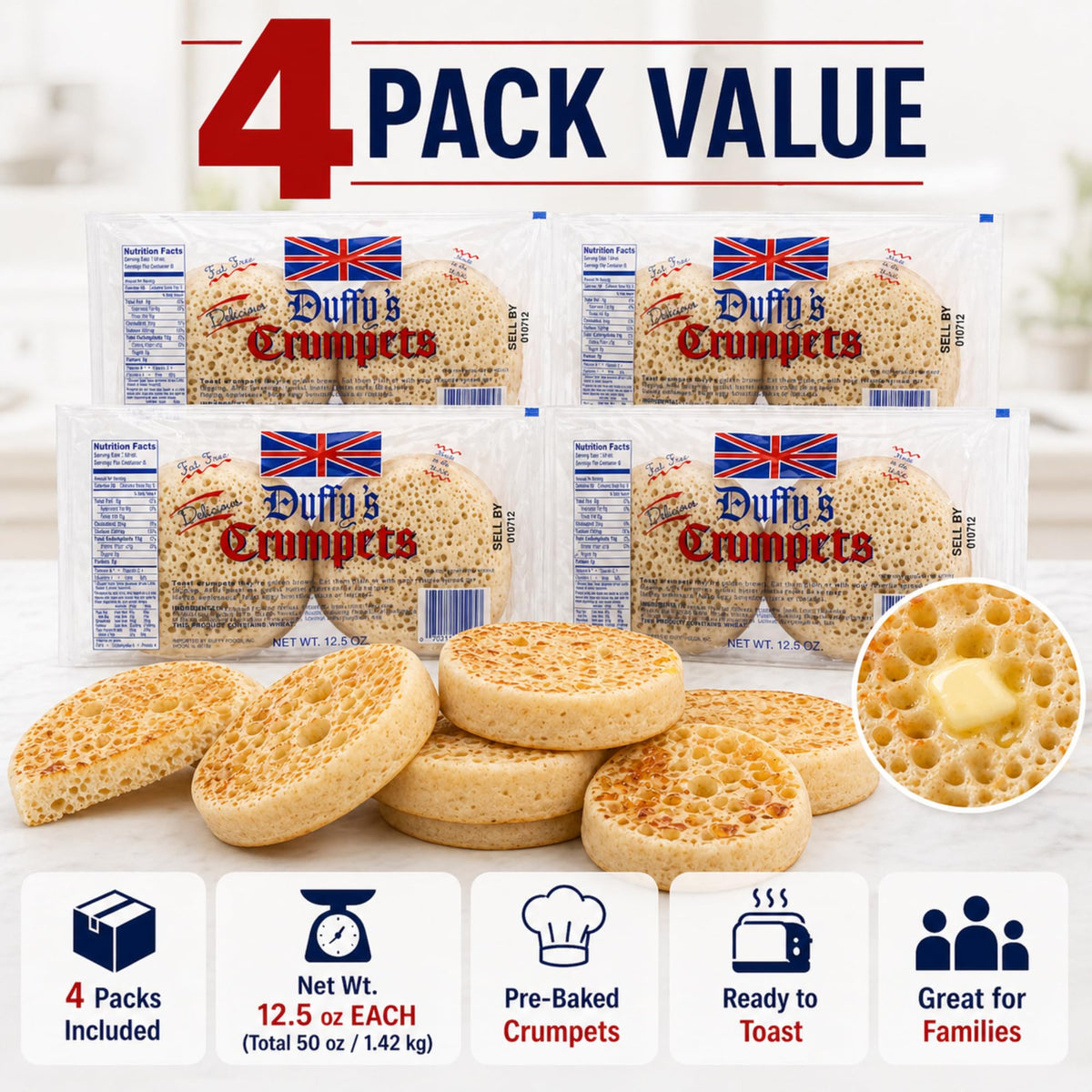 Duffy's Crumpets traditionally inspired recipe, English flavor for tea-time.