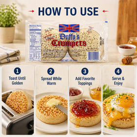 Duffy's Crumpets ready in minutes, convenient quick breakfast option.