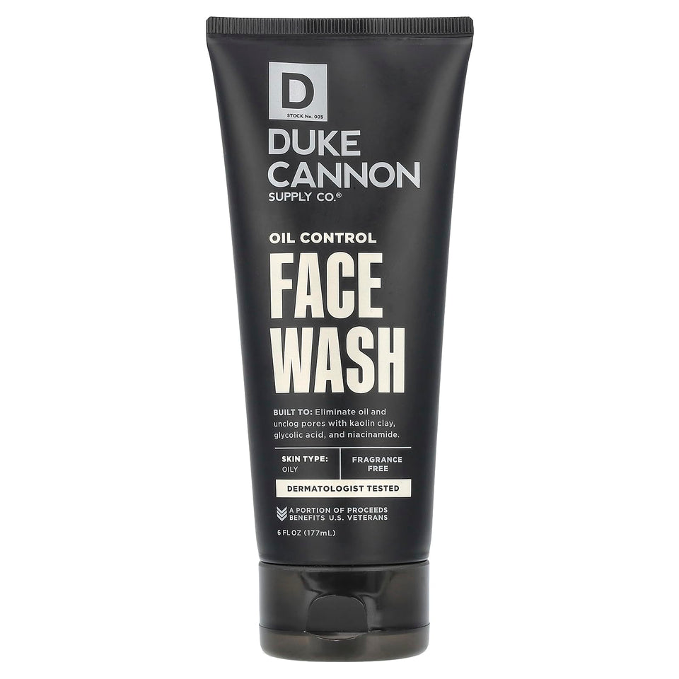 Duke Cannon Wash Face Oil Control bottle demonstrates compact design for daily use