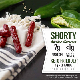 Close-up of Duke's Hatch Green Chile Shorty Sausages showing smoky-sweet flavor