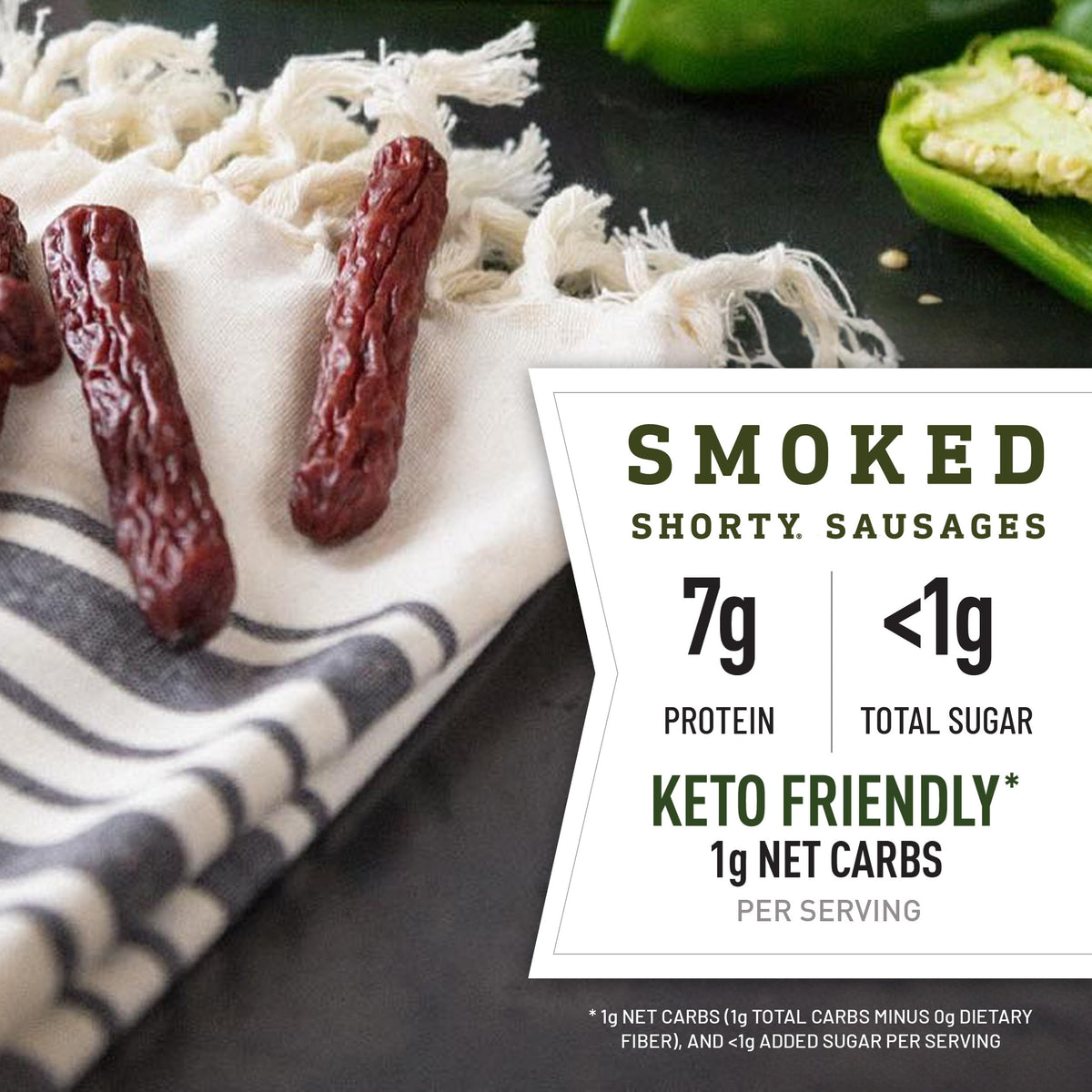 Duke's Hatch Green Chile Smoked Shorty Sausages close-up showing mesquite smoke and texture