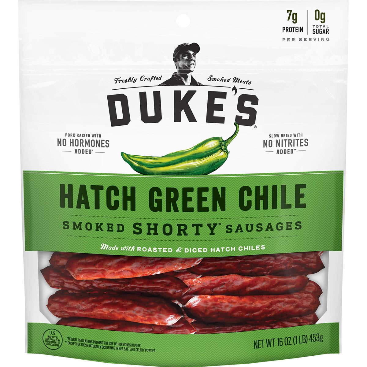 Duke's Hatch Green Chile Smoked Shorty Sausages pack, gluten-free and protein-rich.