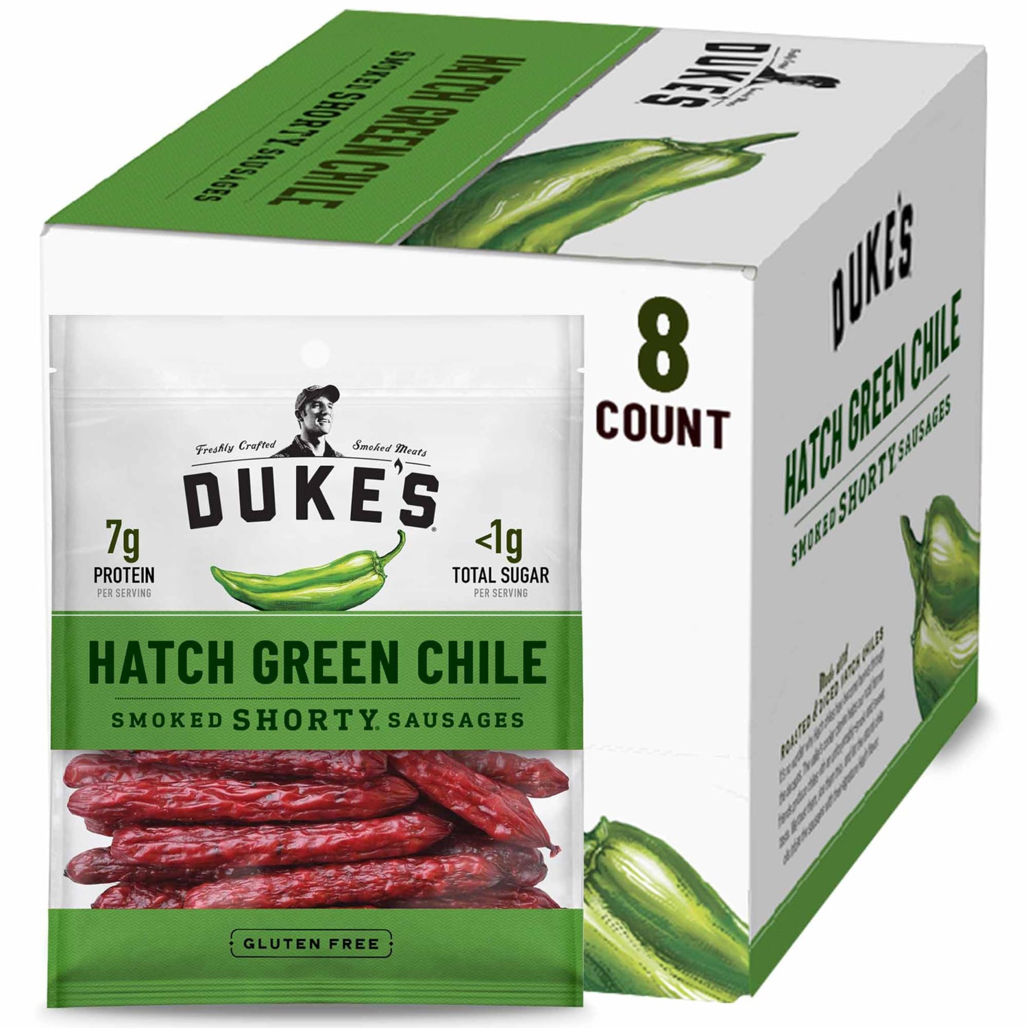Duke's Hatch Green Chile Shorty Sausages pack for on-the-go protein