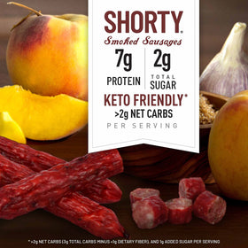 DUKE'S Hickory-smoked shorties with peach glaze on a rustic board, ideal snack.