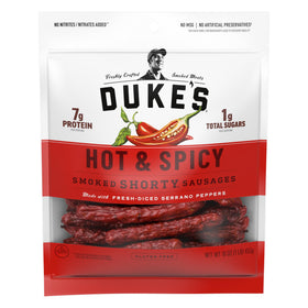 Duke's Hot & Spicy Shorty Sausages bag shows a 16 oz snack pack.