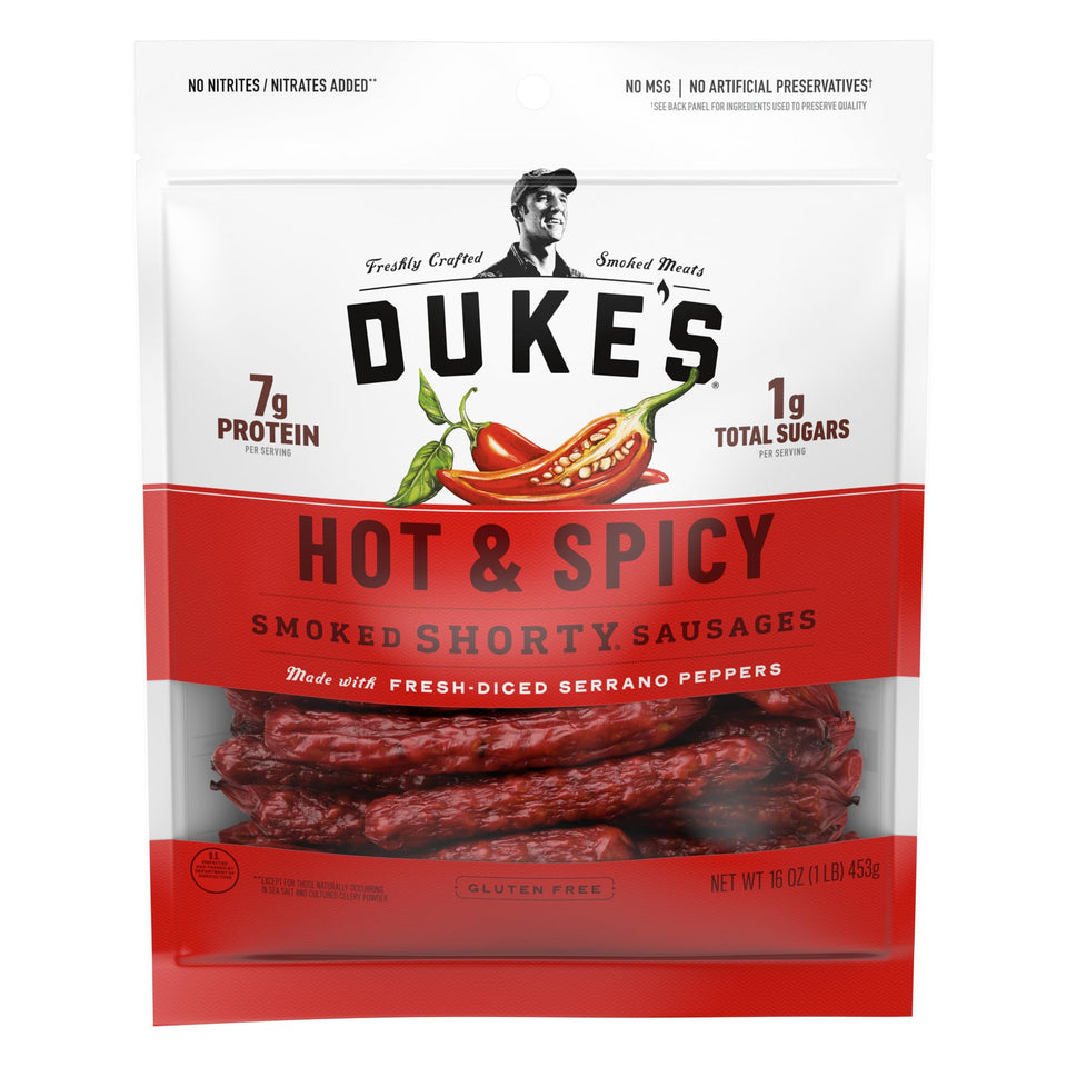 Duke's Hot & Spicy Shorty Sausages bag shows a 16 oz snack pack.