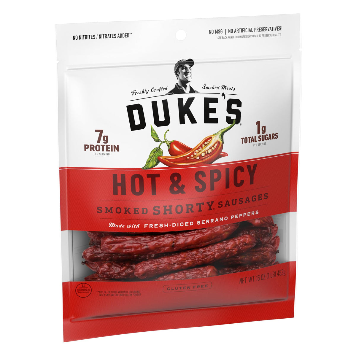 Duke's Shorty Sausages close-up reveals juicy texture and pork bite.