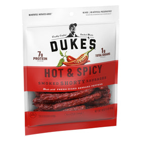 Duke's Shorty Sausages close-up reveals juicy texture and pork bite.