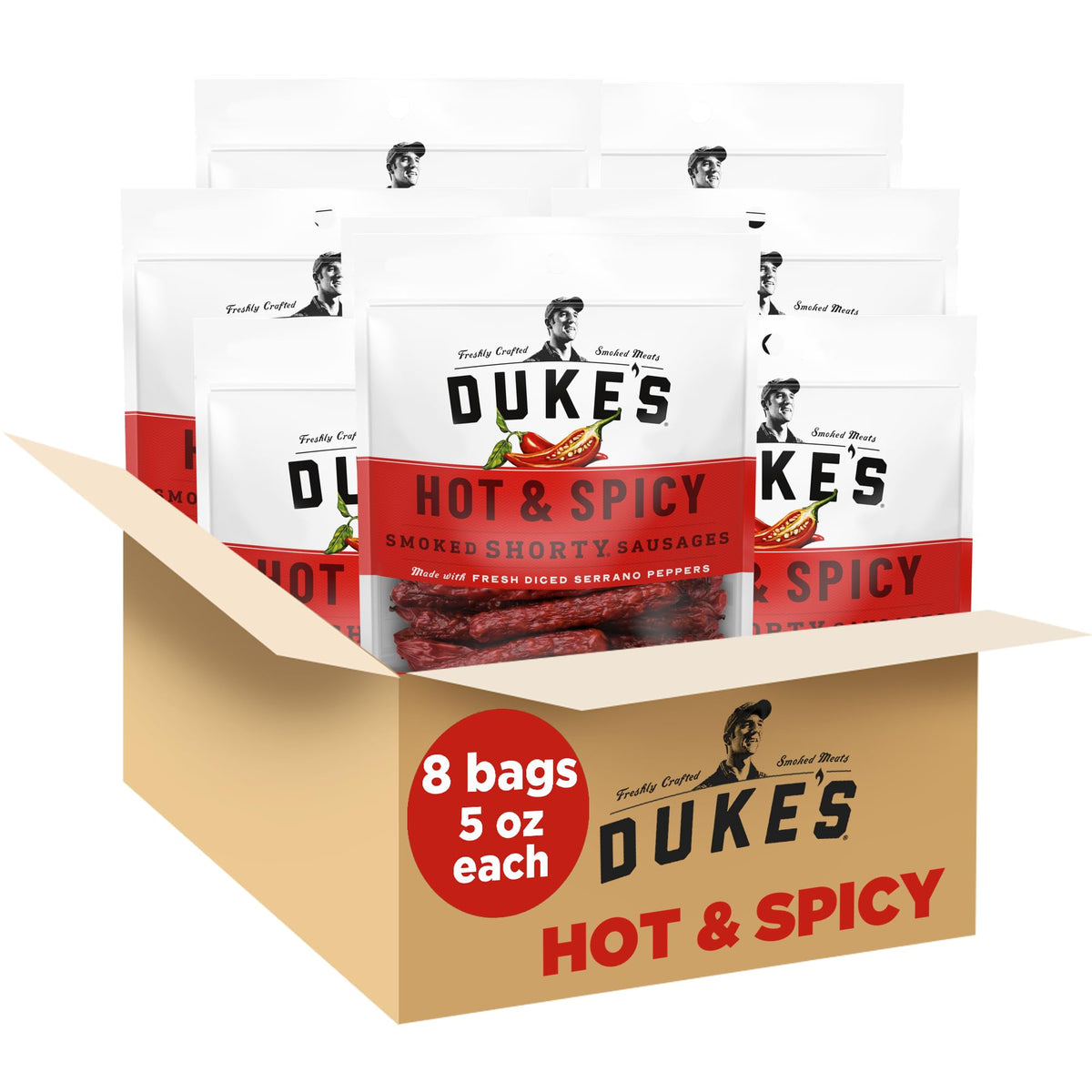Duke's Hot and Spicy Smoked Shorty Sausages pack—eight 5 oz bags for on-the-go snacking.