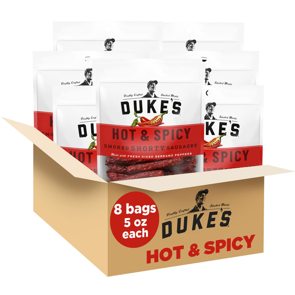 Duke's Hot and Spicy Smoked Shorty Sausages pack—eight 5 oz bags for on-the-go snacking.