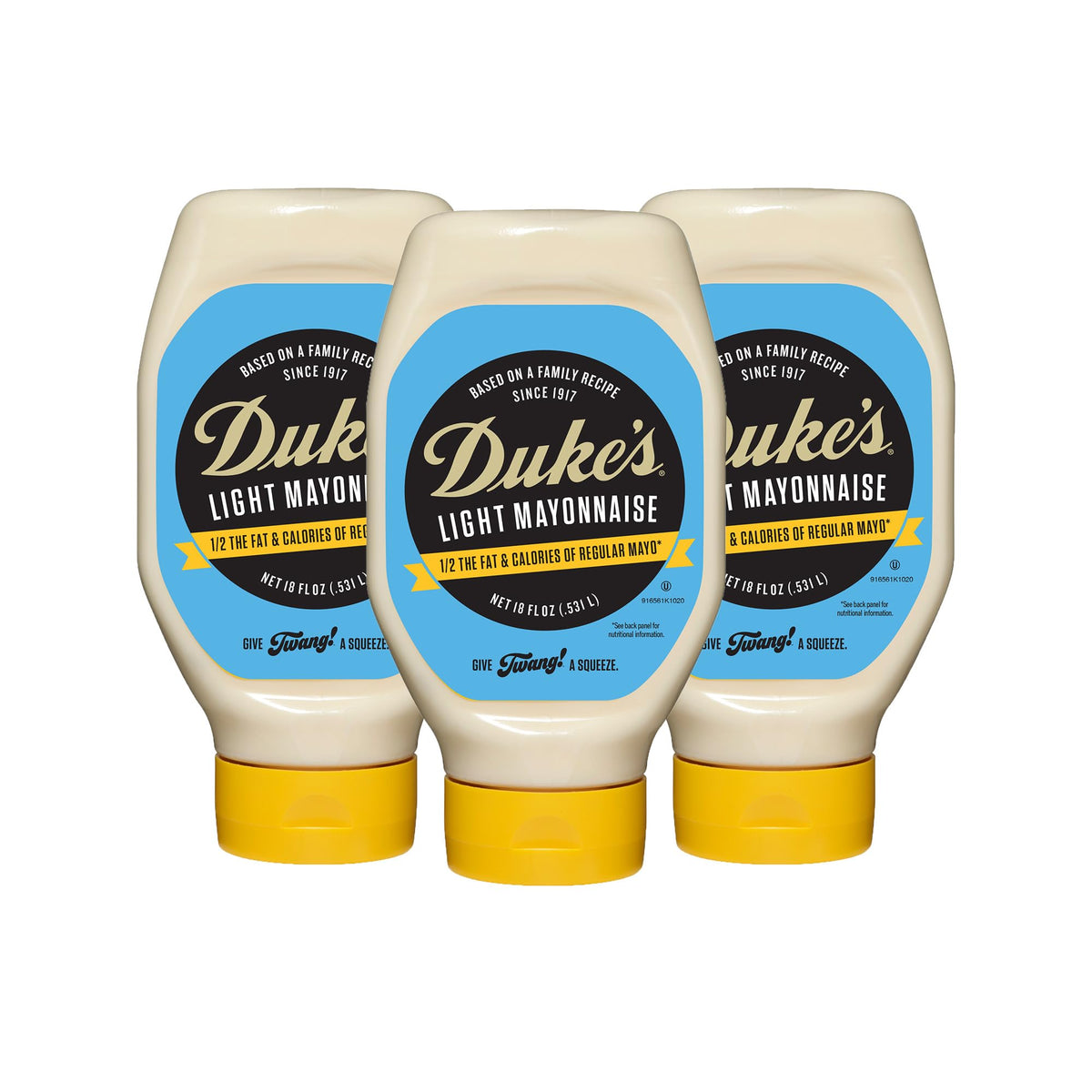 Duke's Light Mayonnaise squeeze bottle on counter for easy spreading.