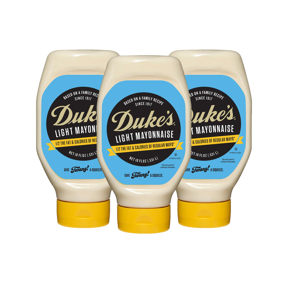 Duke's Light Mayonnaise squeeze bottle on counter for easy spreading.