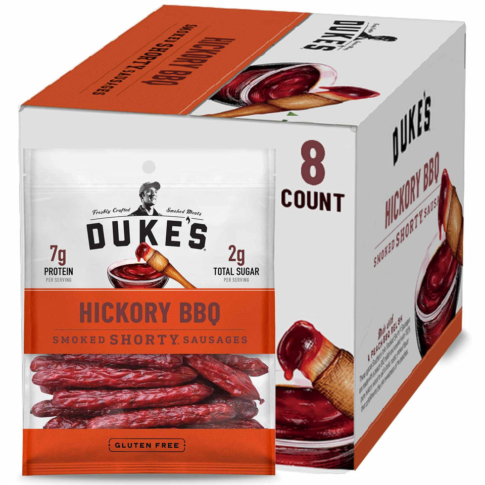 DUKE'S Pork Hickory Peach Shorty Sausages pack, perfect for on-the-go protein.