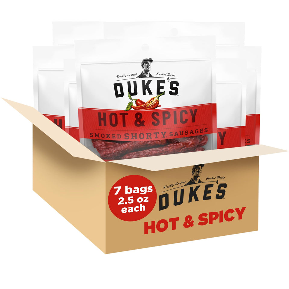 DUKE'S Hot and Spicy Shorty Sausages pack with seven bags for protein on the go.