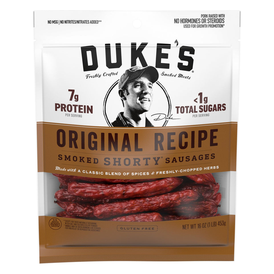 Duke's Pork Original Smoked Shorty Sausages pack, gluten-free snack with bold flavor for on-the-go meals.