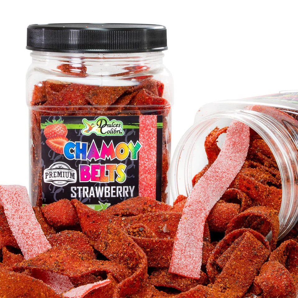 Dulces Colibri premium strawberry chamoy belts in a resealable jar for on-the-go snacking.