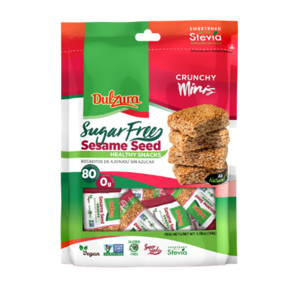 Dulzura Sesame Seed Mini Bar packaging, sugar-free on-the-go snack