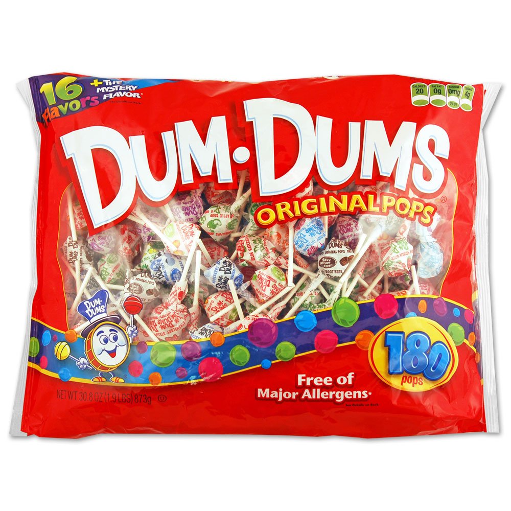 Dum Dums 180 ct bag with assorted flavors for sharing at events.
