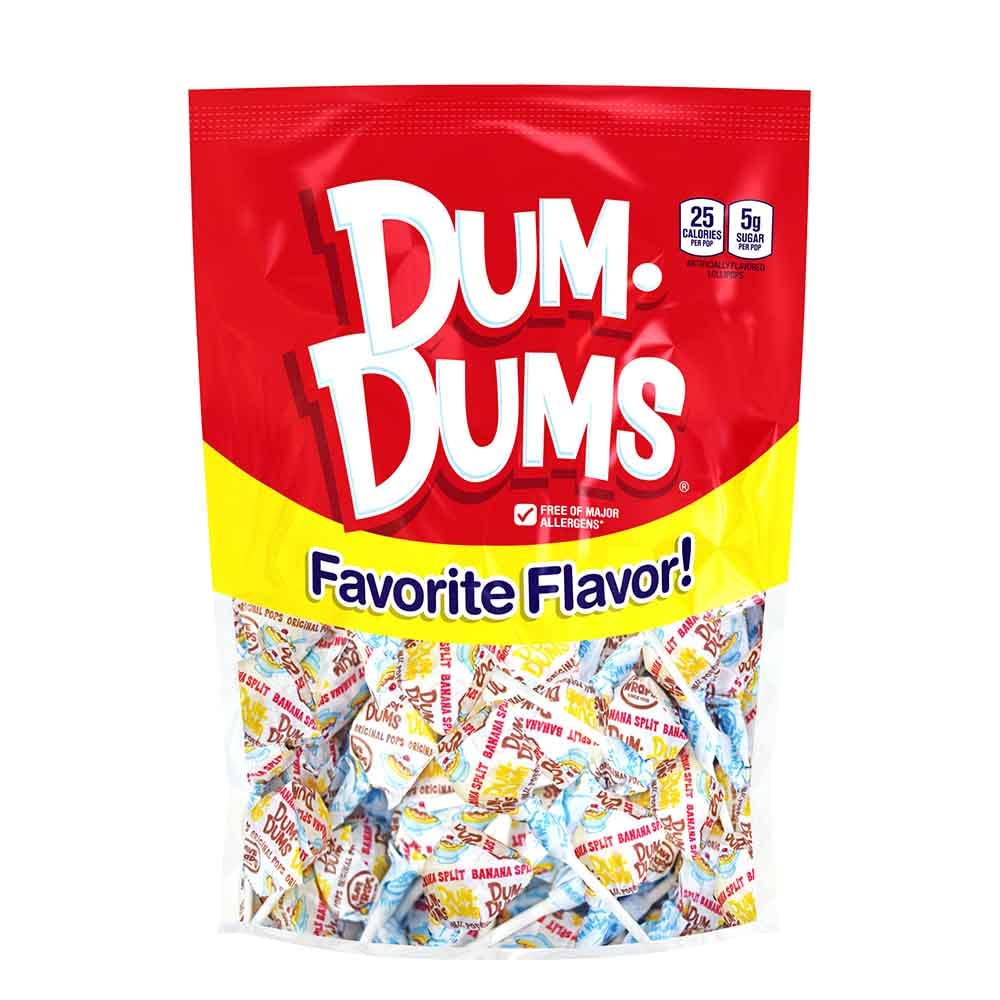 Dum Dums Banana Split lollipops in a 50-count bulk box for sharing