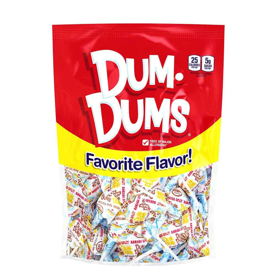 Dum Dums Banana Split lollipops in a 50-count bulk box for sharing