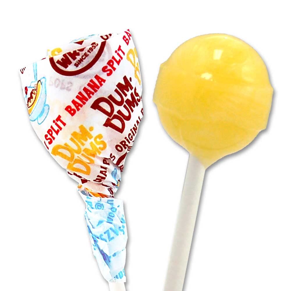 Dum Dums Banana Split lollipops in sealed, individually wrapped packaging