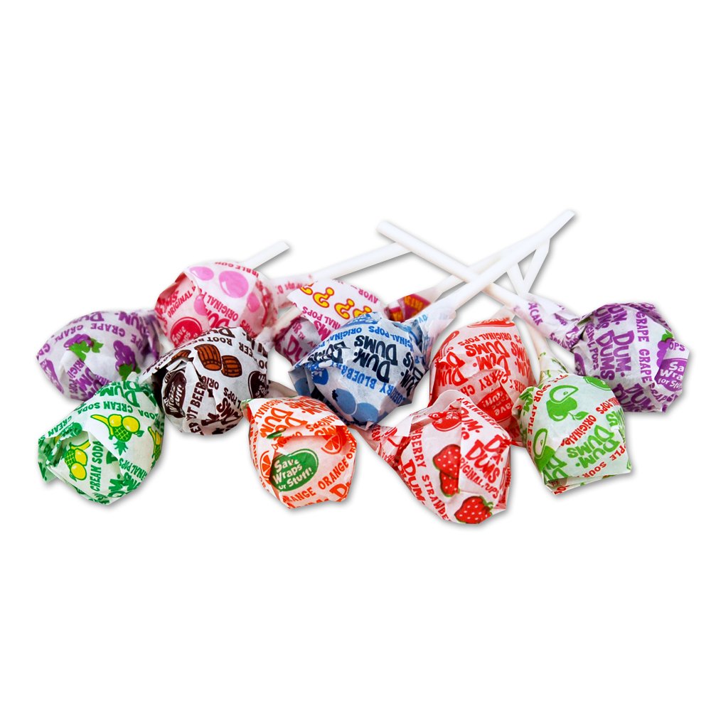 Dum Dums pops closeup reveals colorful flavors for snacking.