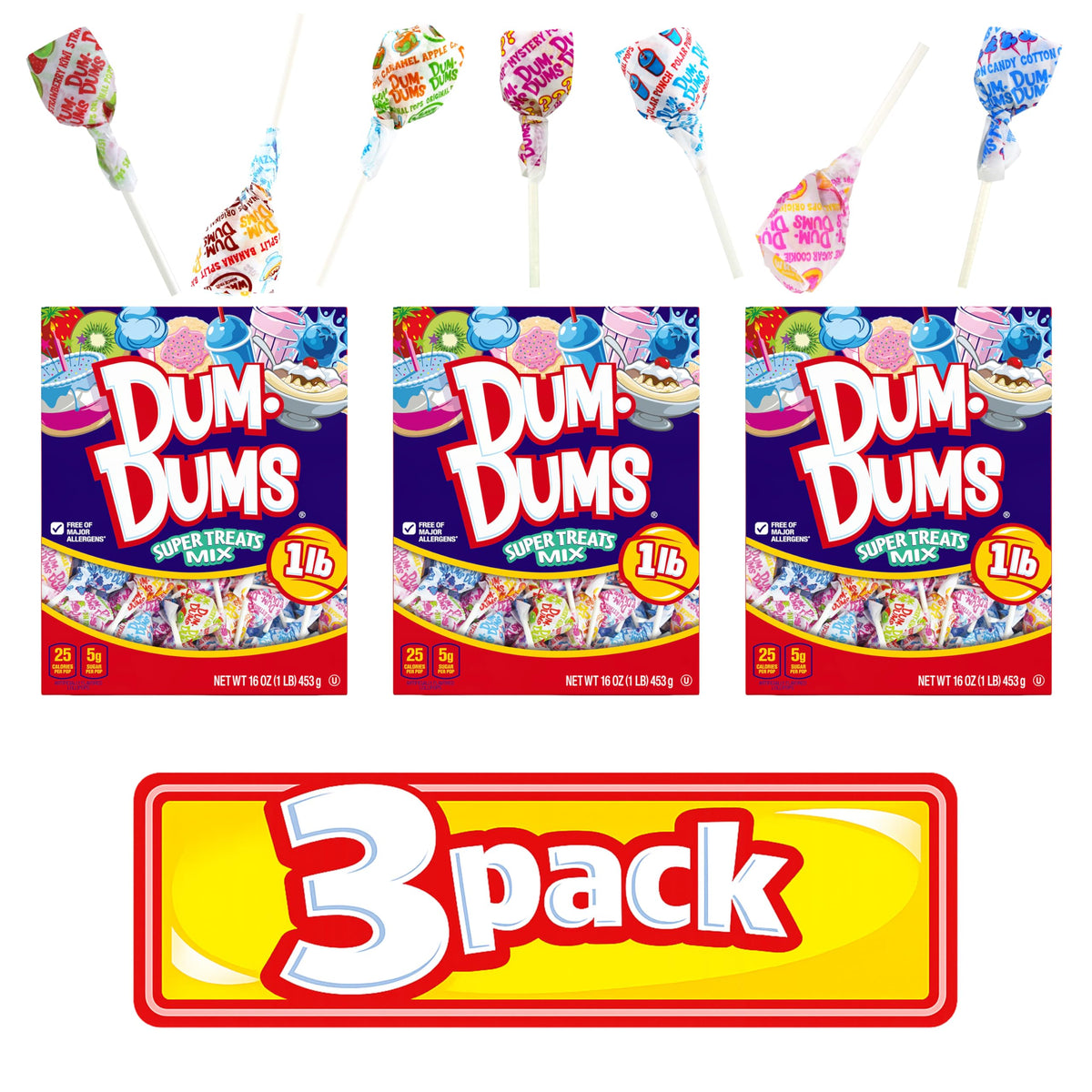 Dum Dums Super Treats variety bag display of colorful lollipops for parties