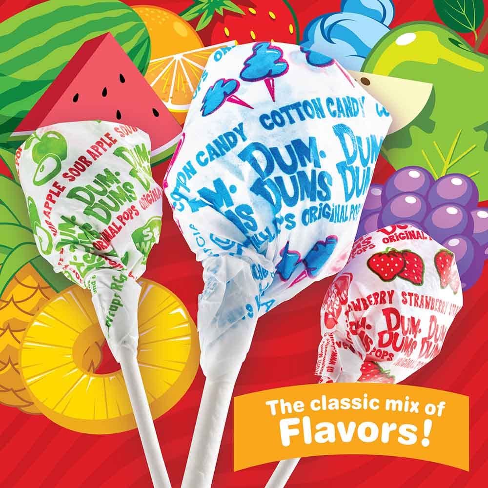 Dum Dums 16-flavors assorted mix in a classic lollipop collection.