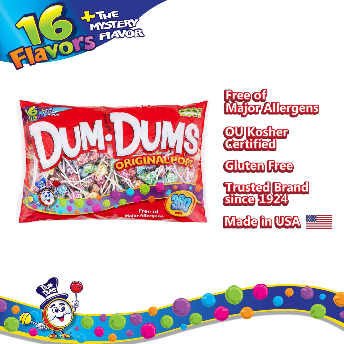 Dum Dums 360 Count Bag back panel, easy to scan flavors and allergen info.