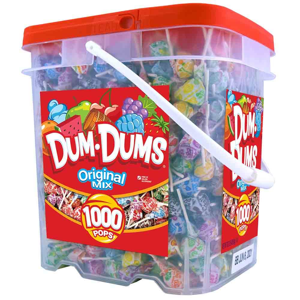 Dum Dums original pops bulk bucket with 1,000 colorful lollipops for parties.