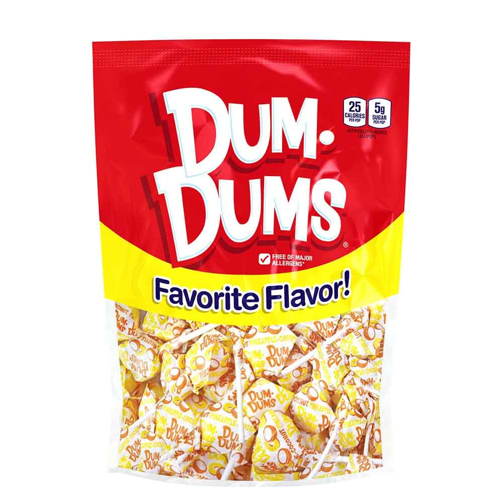 Dum Dums Pineapple Coconut lollipop wrapped for individual sharing