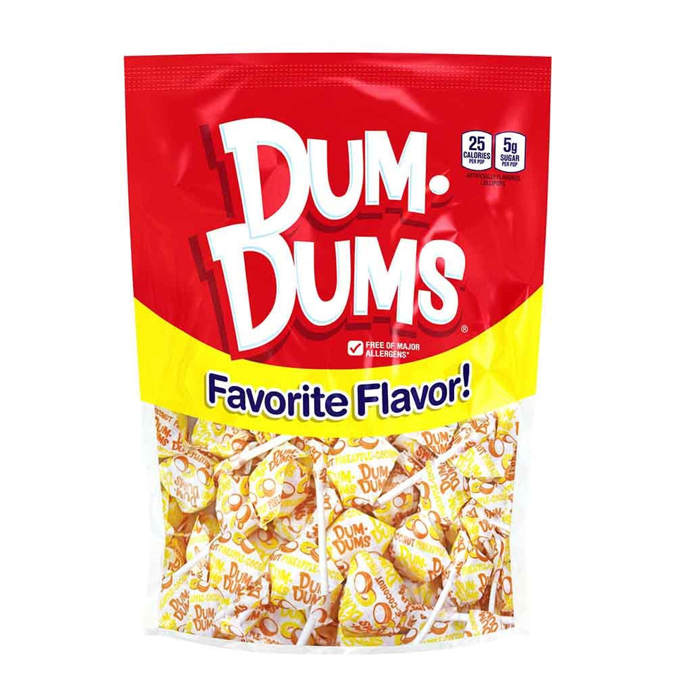 Dum Dums Pineapple Coconut lollipop wrapped for individual sharing
