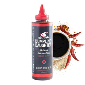 Dumpling Daughter Sichuan Sesame Soy bottle ready for pouring to elevate flavors.
