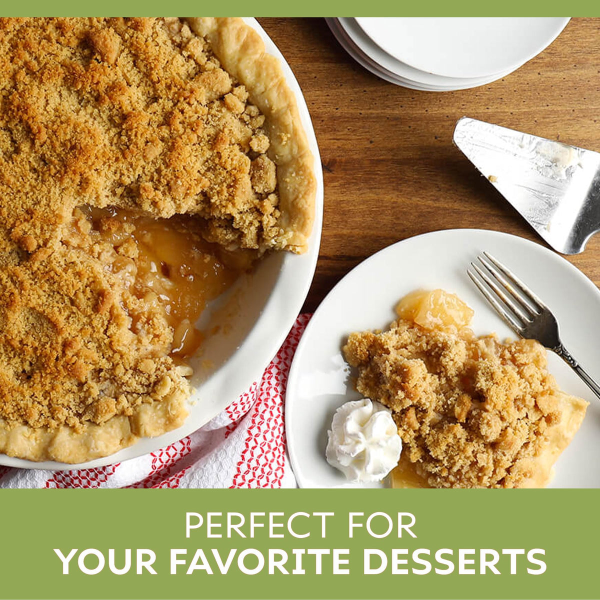 Duncan Hines Comstock apple pie filling on a warm slice of pie