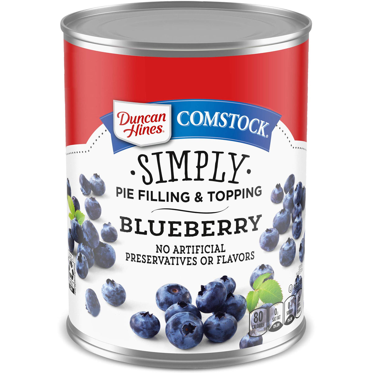 Duncan Hines Comstock blueberry pie filling can front view for homemade pies.