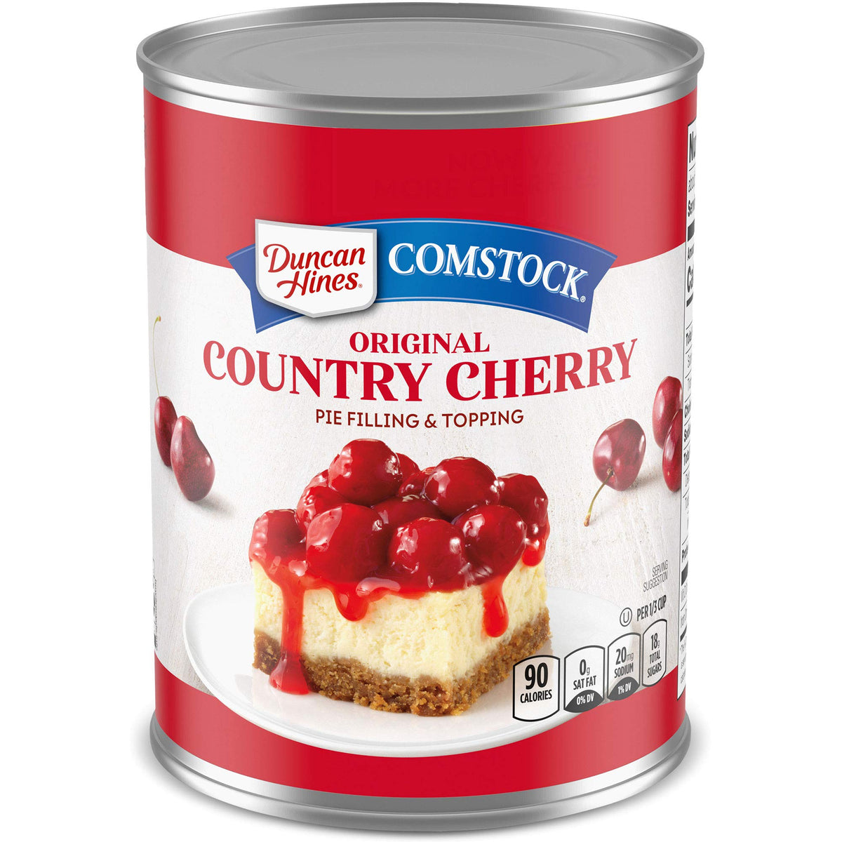 Duncan Hines Comstock original country cherry pie filling jar closeup highlights rich cherry flavor for homemade pies.