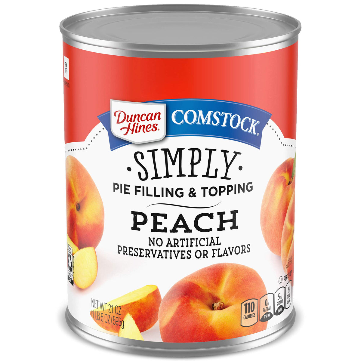 Duncan Hines Comstock peach filling label showing fresh fruit quality for pies.