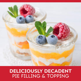 Duncan Hines peach filling pour image highlighting smooth texture for desserts.