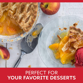 Duncan Hines peach topping on ice cream suggests versatile dessert topping.