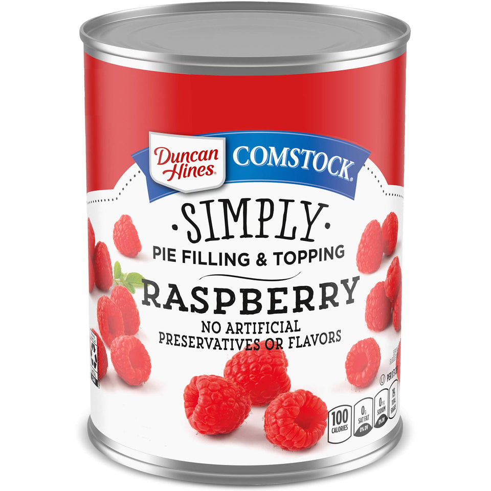 Duncan Hines Comstock raspberry pie filling bottle close-up, ideal for easy homemade pies.