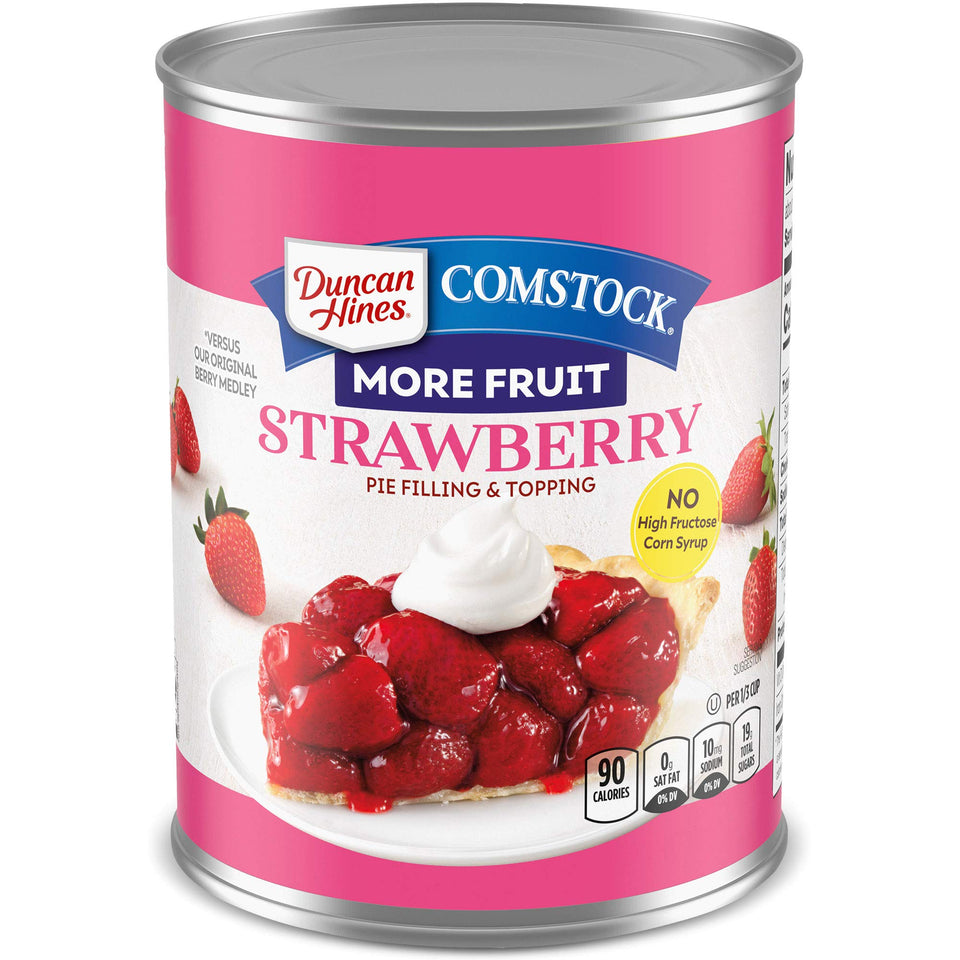 Duncan Hines Comstock Strawberry Pie Filling jar for pies and desserts.