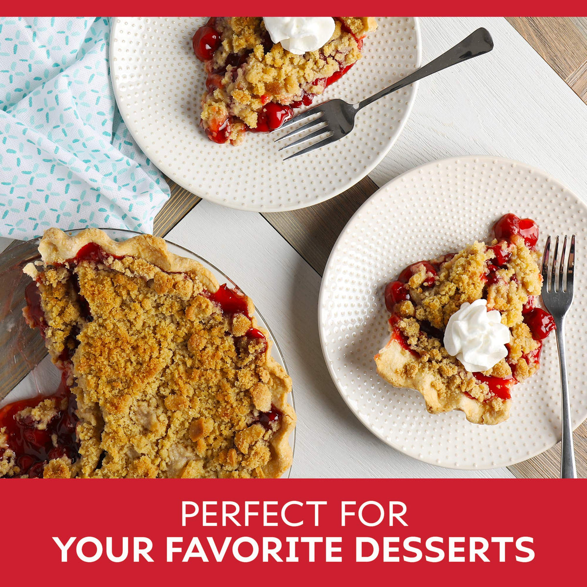 Duncan Hines Wilderness cherry filling shown with pie and topping ideas.