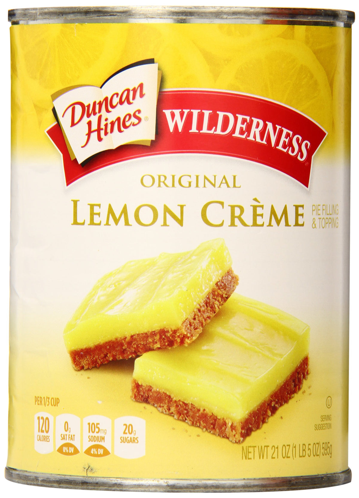 Duncan Hines Wilderness Lemon Crème Pie Filling jar being poured, ideal for quick desserts.