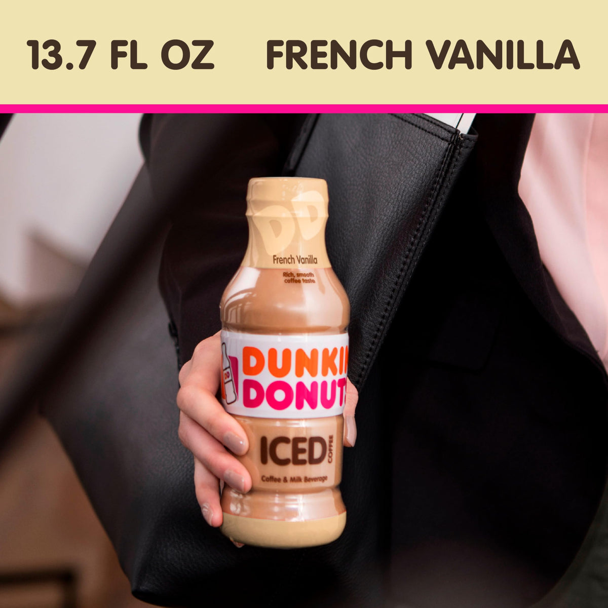 Dunkin bottle highlights 184 mg caffeine per bottle for energy on the move.