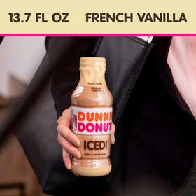 Dunkin bottle highlights 184 mg caffeine per bottle for energy on the move.