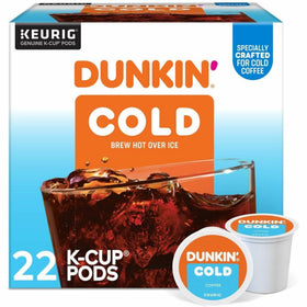 Dunkin Brew K-Cup pod over ice for a refreshing cold coffee experience.