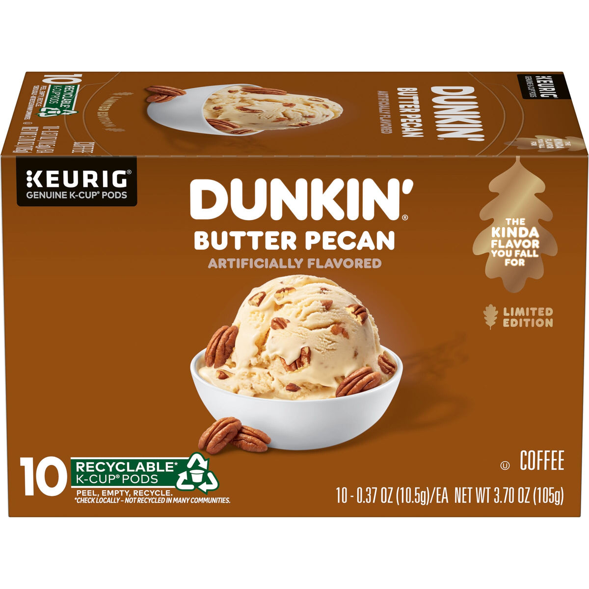 Dunkin Butter Pecan K-Cup pods box, rich flavor and convenience for home brewing.